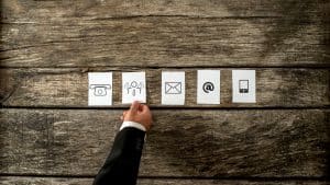 visuel de 5 cartes représentant les différents moyens de communication, un téléphone fixe, une personne, un courrier, un email, un téléphone portable. une main donne choisit la carte du personnage