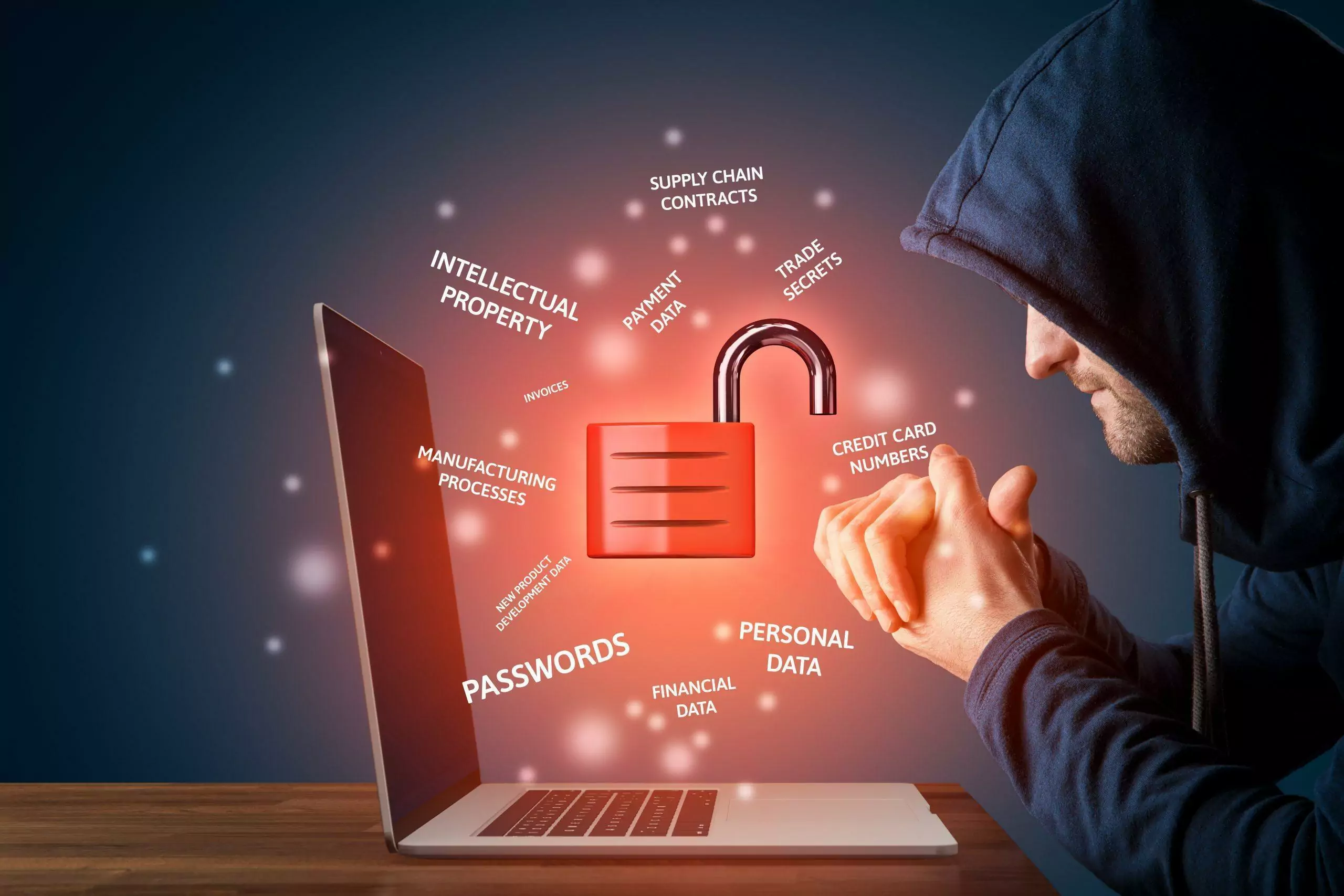 visuel d'un hacker devant un ordinateur au dessus duquel sont écrit différents mots sur la cyber sécurité avec le dessin d'un cadenas ouvert